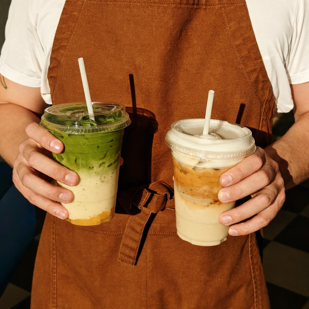Man with apron holding two drinks